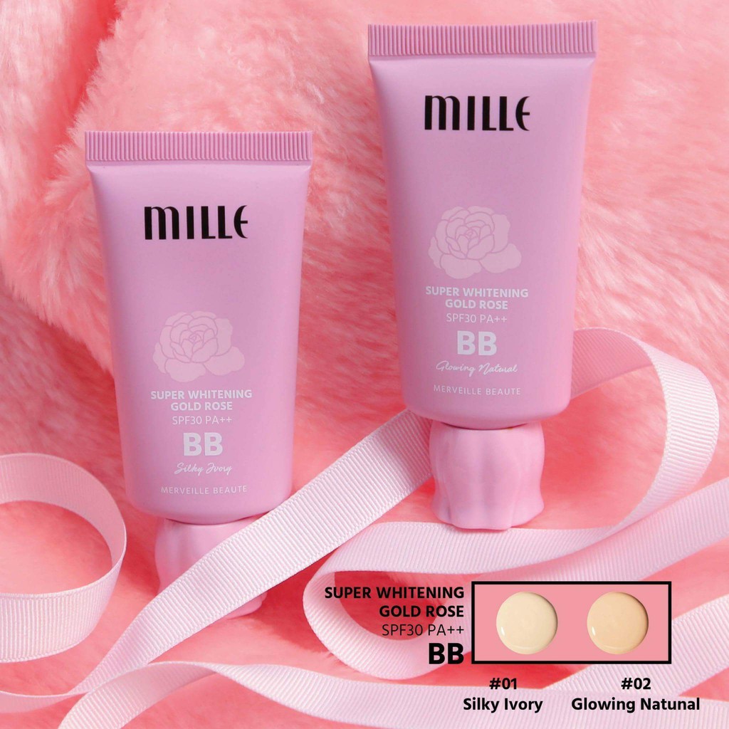 Mille Super Whitening Gold Rose BB Cream SPF30 PA++ #01 Silky Ivory 30g บีบีครีมสูตรเรียบเนียนระดับ HD เคล็ดลับซุปเปอร์สตาร์แถวหน้าจากประเทศเกาหลี